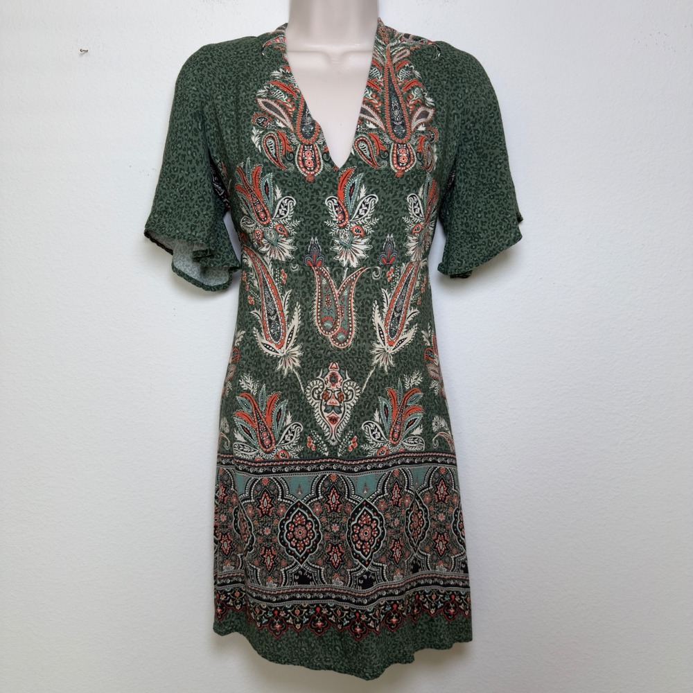 Farm Rio Women Mini Dress Small Green‎ Paisley Print Resort Beach Vacation